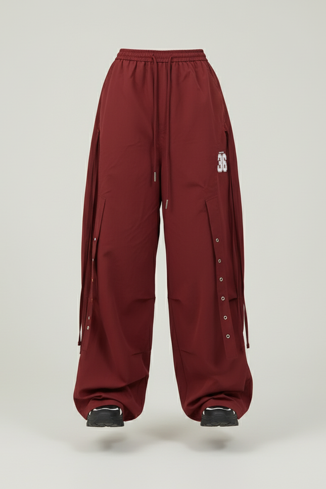 Pantalon Baggy Rouge Cargo Ample Sport Boutons - Bordeaux Polyester - vue 3