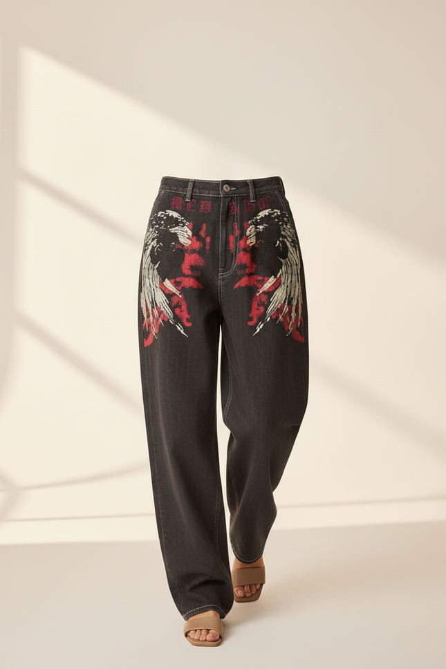 Pantalon Baggy Noir Brodé Ample Denim Streetwear - Jean - vue 3