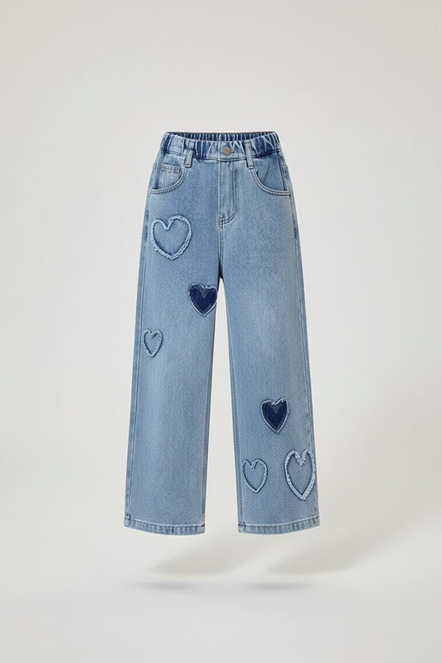 Pantalon Baggy Jean Bleu Cœurs Ample Fille - vue 3
