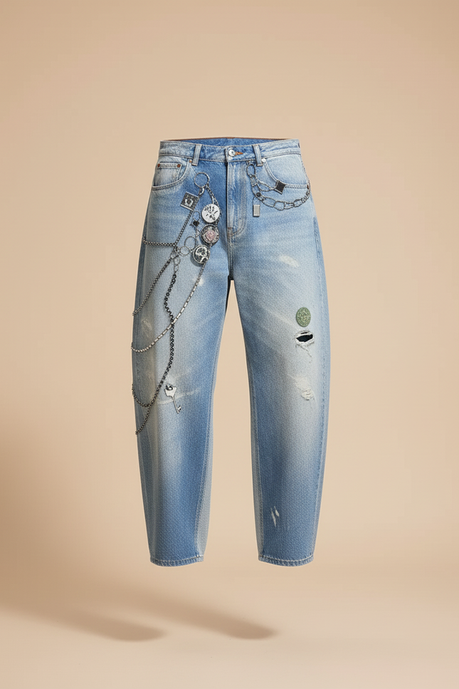 Pantalon Baggy Bleu Délavé Imprimé Chaînes Ample - Jean - vue 3