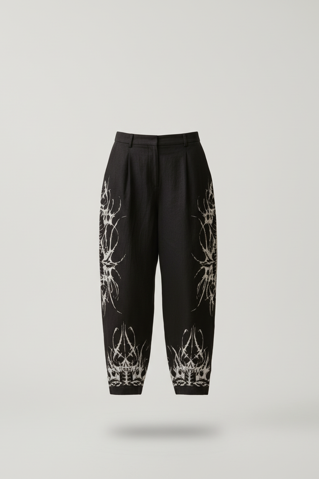 Pantalon Baggy Noir Lin Ample Imprimé Tribal Femme - vue 3