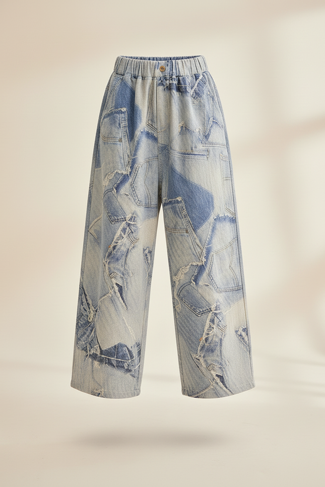 Pantalon Baggy Denim Patchwork Ample Imprimé Enfant - Bleu Jean - vue 3