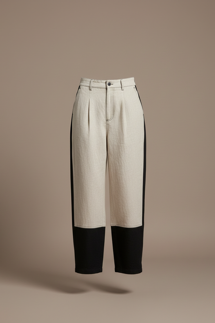 Pantalon Baggy Bicolore Beige Noir Décontracté Ample - Toile - vue 3