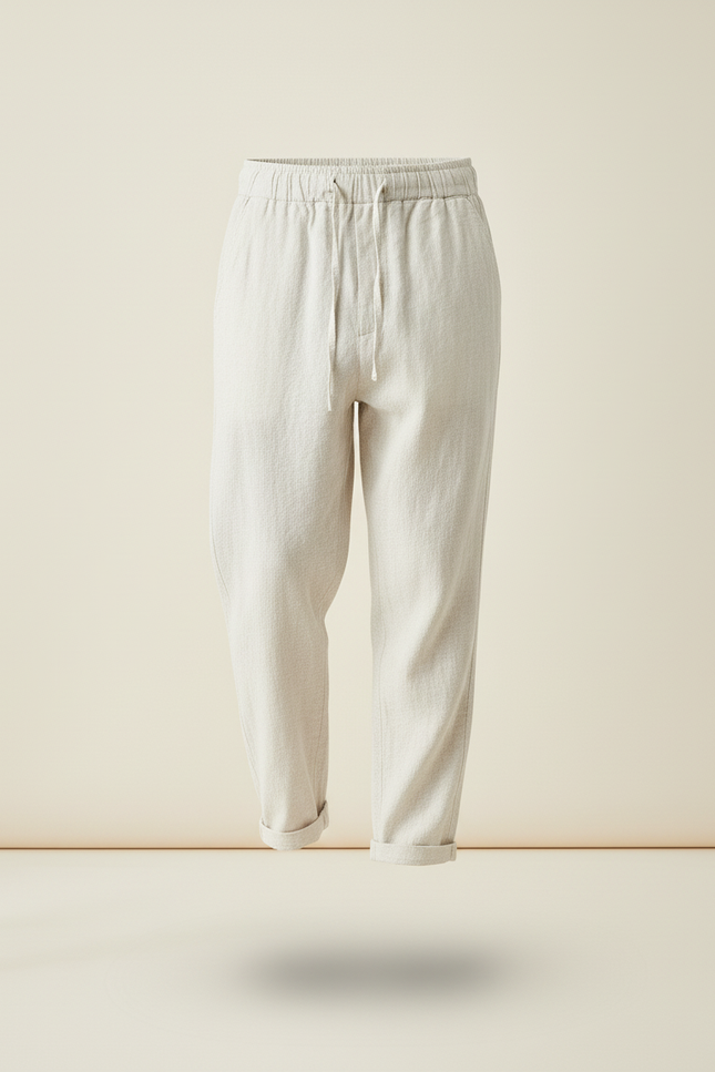 Pantalon Baggy Lin Beige Clair Ample Cordon Décontracté - vue 3