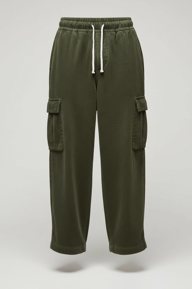 Pantalon Baggy Vert Côtelé Cargo Ample Décontracté - Cordé - vue 3