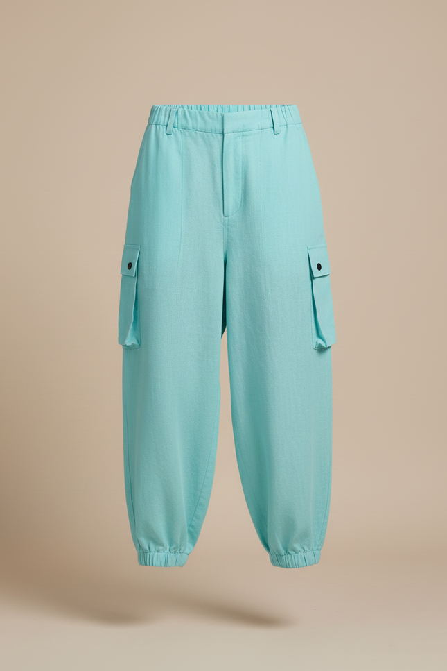 Pantalon Baggy Turquoise Ample Cargo Lin Élastiqué - Bleu - vue 3