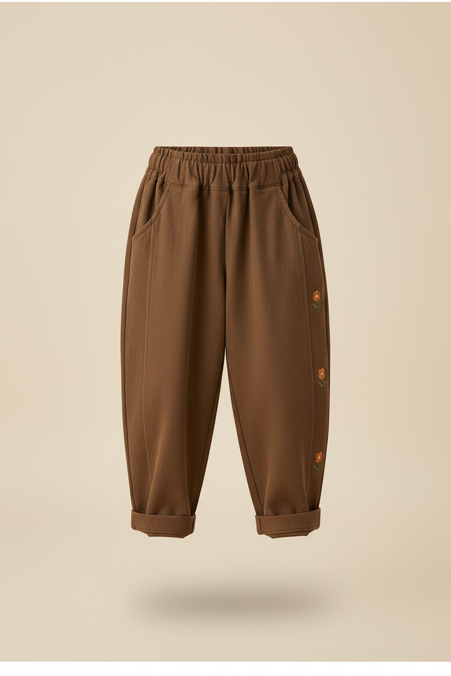 Pantalon Baggy Marron Coton Brodé Enfant Décontracté - Cordé - vue 3