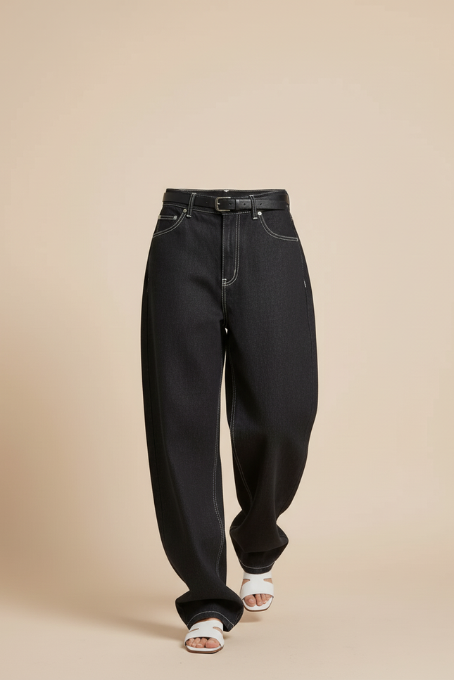Pantalon Baggy Noir Denim Large Surpiqûres Blanches - Jean - vue 3