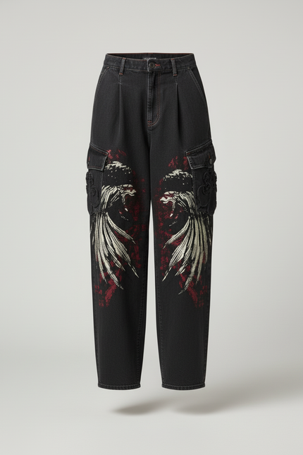 Pantalon Baggy Noir Imprimé Streetwear Cargo Ample - Jean - vue 3