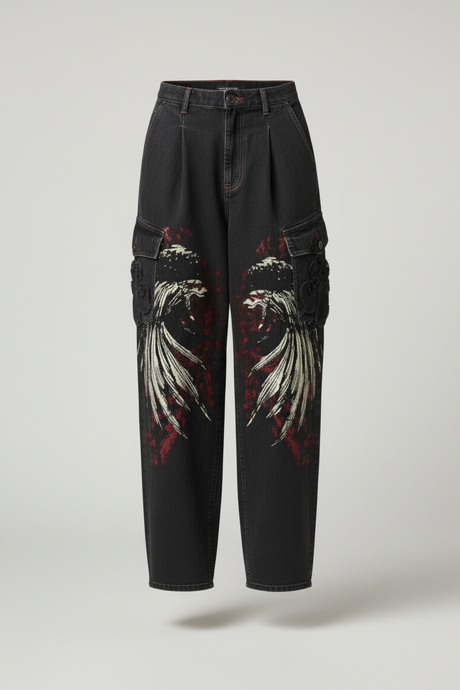 Pantalon Baggy Noir Imprimé Streetwear Cargo Ample - Jean - vue 3