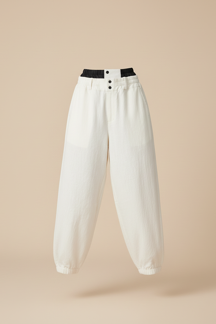 Pantalon Baggy Crème Ample Décontracté Élastiqué - Beige Coton - vue 3