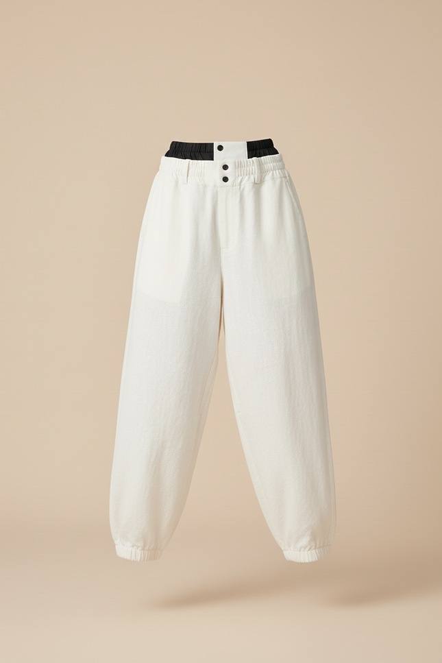 Pantalon Baggy Crème Ample Décontracté Élastiqué - Beige Coton - vue 3
