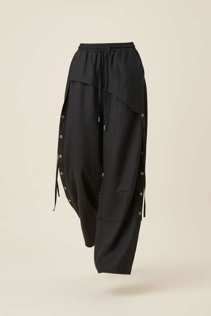 Pantalon Baggy Noir Lin Ample Boutons Décontracté - vue 3