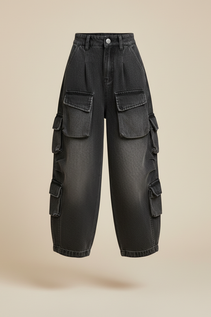 Pantalon Baggy Gris Denim Ample Multi-Poches Décontracté - Jean - vue 3