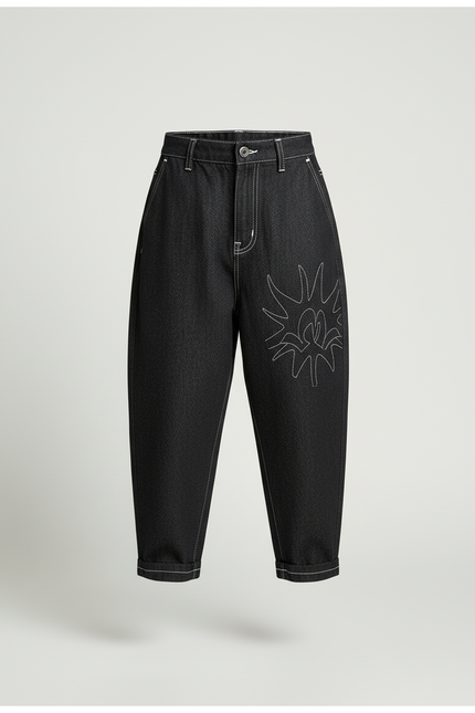 Pantalon Baggy Noir Denim Brodé Ample Décontracté Fille - Jean - vue 3