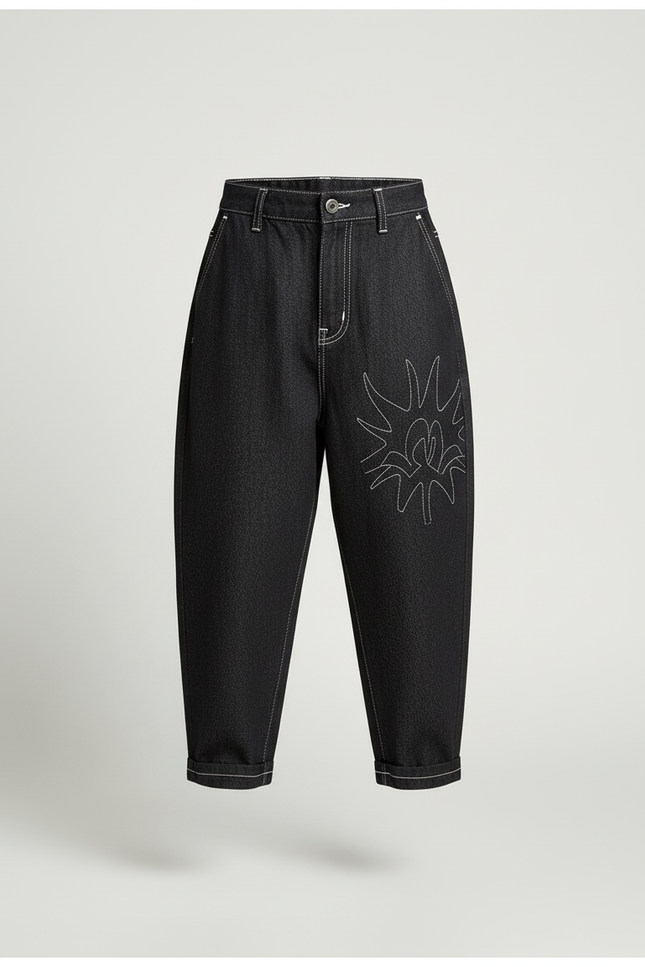Pantalon Baggy Noir Denim Brodé Ample Décontracté Fille - Jean - vue 3