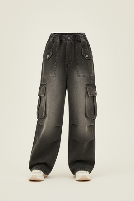 Pantalon Baggy Denim Dégradé Ample Poches Cargo Enfant - Gris Jean - vue 3
