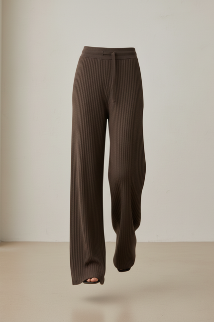 Pantalon Baggy Marron Côtelé Ample Tricoté Taille Haute Femme - Maille - vue 3