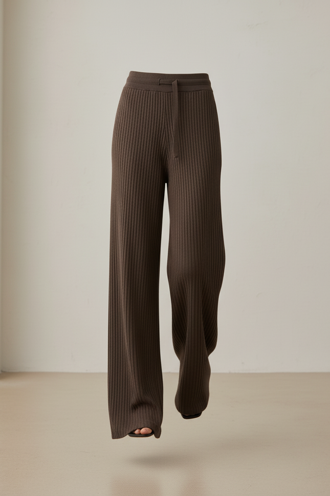 Pantalon Baggy Marron Côtelé Ample Tricoté Taille Haute Femme - Maille - vue 3
