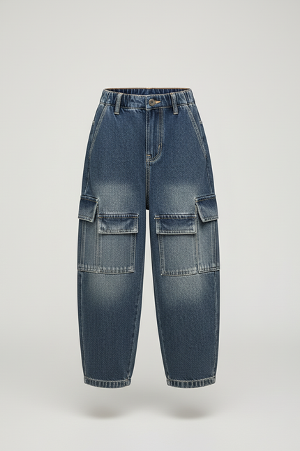 Pantalon Baggy Jean Denim Ample Cargo Enfant Décontracté - Bleu - vue 3