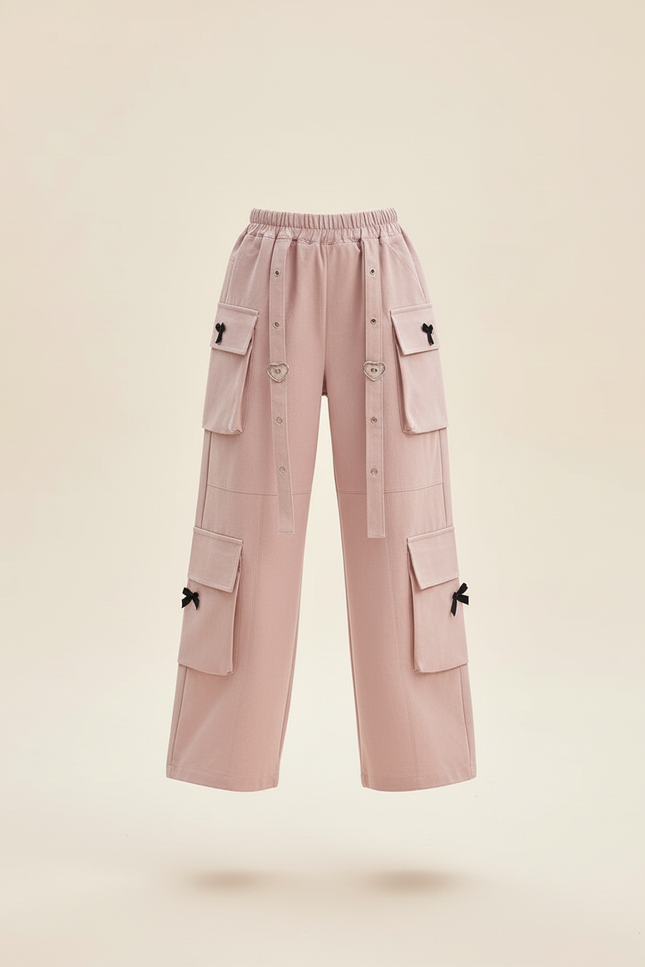 Pantalon Baggy Rose Cargo Ample Nœuds Fille - Toile - vue 3