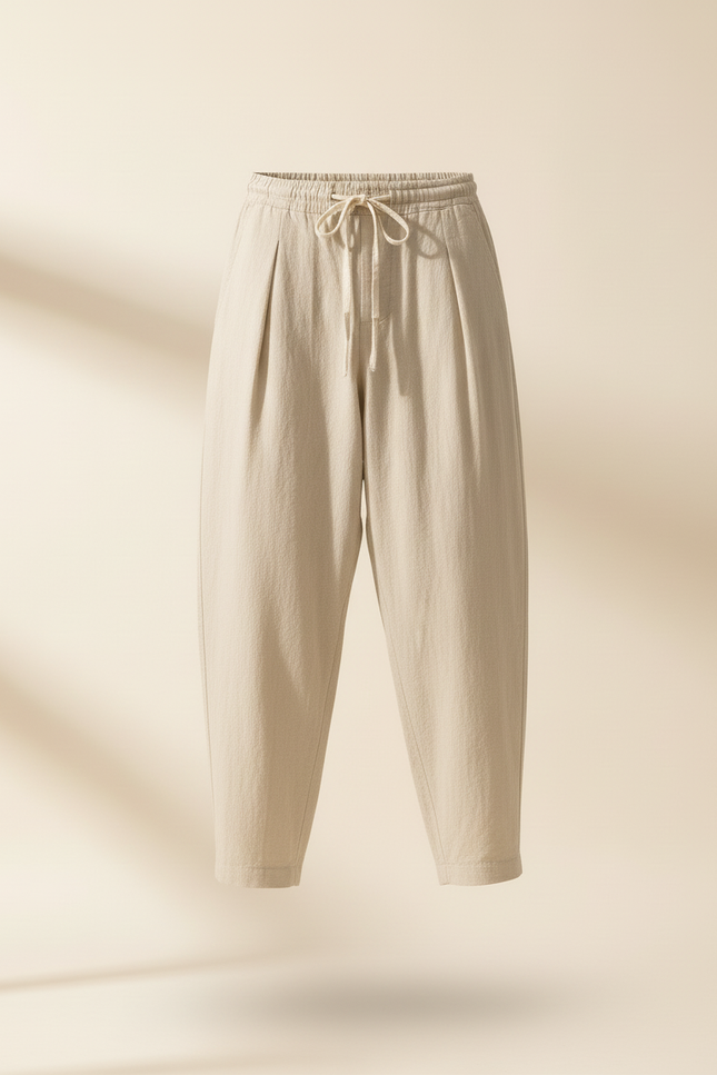 Pantalon Baggy Lin Beige Ample Cordon Décontracté Homme - vue 3