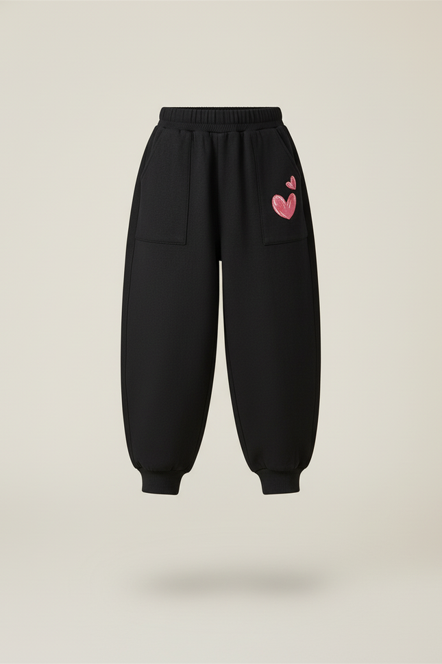 Pantalon Baggy Noir Cœurs Roses Ample Enfant - Molleton - vue 3