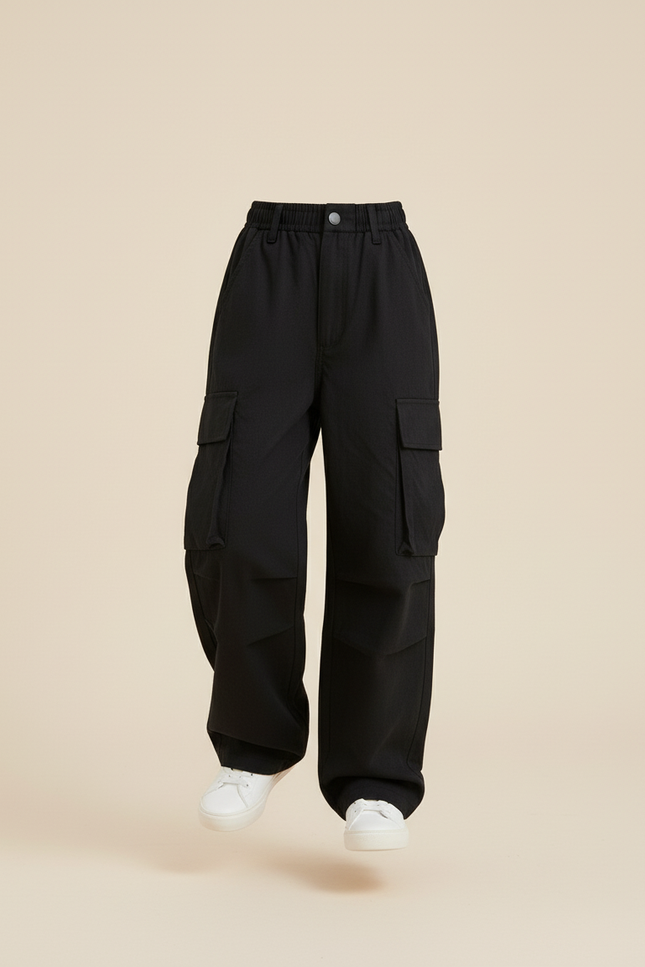 Pantalon Baggy Noir Ample Cargo Décontracté Fille Coton - Toile - vue 3