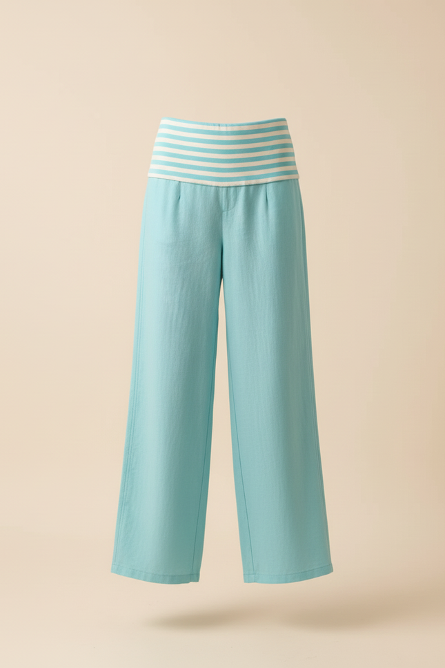 Pantalon Baggy Bleu Ciel Rayé Ample Fluide Confortable - Lin - vue 3