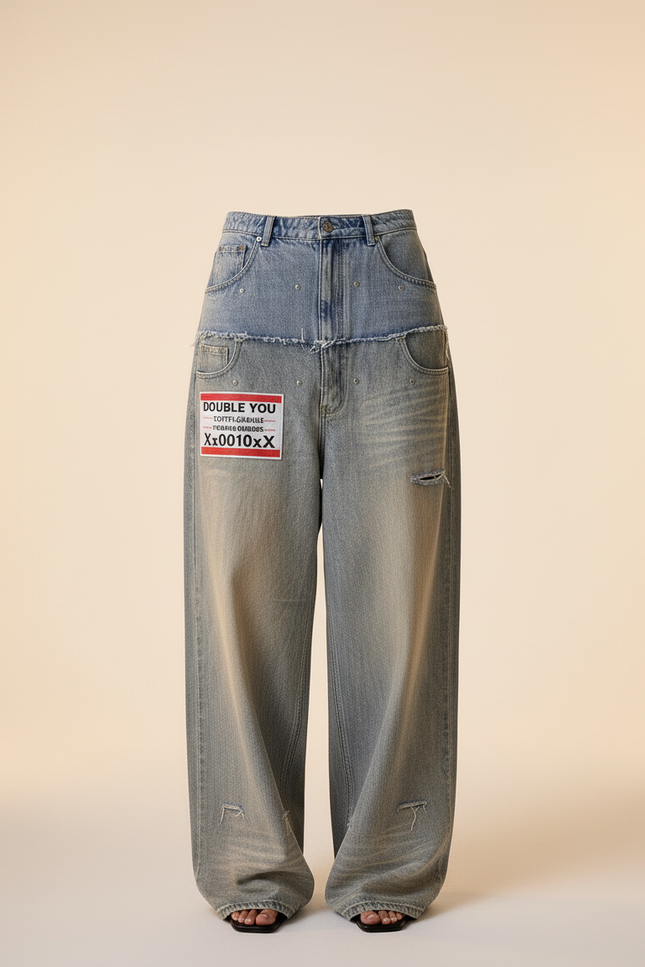 Pantalon Baggy Jean Délavé Ample Brodé Y2K - Gris - vue 3