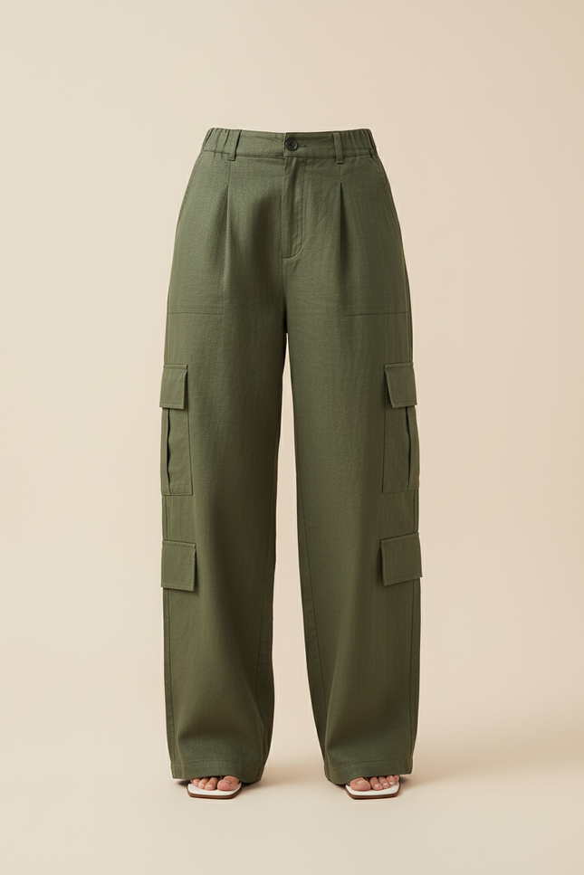 Pantalon Baggy Vert Kaki Ample Cargo Taille Haute Femme - Lin - vue 3