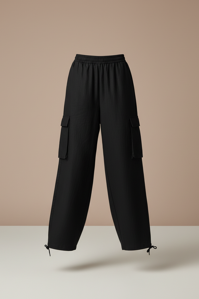 Pantalon Baggy Noir Ample Cargo Taille Haute Femme - Lin - vue 3