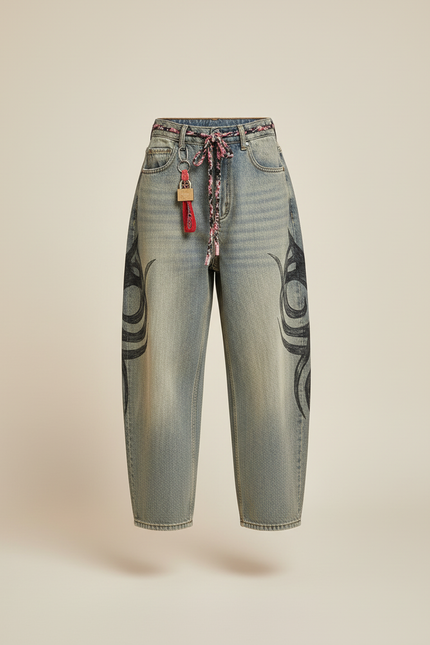 Pantalon Baggy Jean Délavé Imprimé Tribal Ample - Bleu - vue 3