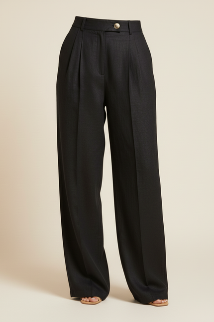 Pantalon Baggy Noir Lin Plissé Large Élégant - vue 3