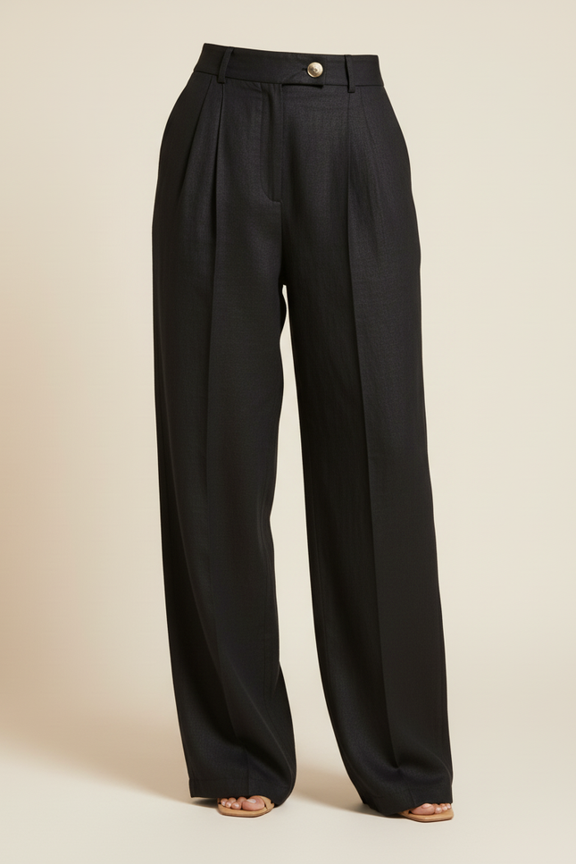 Pantalon Baggy Noir Lin Plissé Large Élégant - vue 3