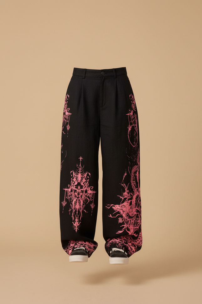 Pantalon Baggy Noir Dragon Rose Ample Gothique - Toile - vue 3
