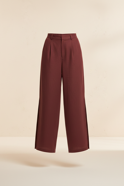 Pantalon Baggy Bordeaux Fluide Ample Fendu Élégant - Lin - vue 3