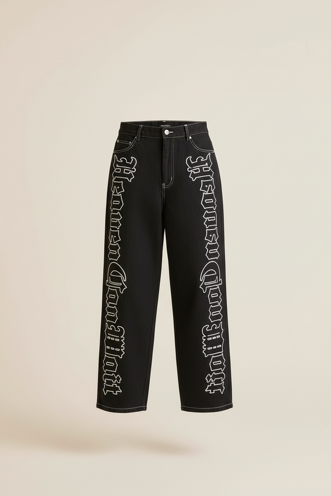 Pantalon Baggy Noir Brodé Large Gothique Femme - Jean - vue 3