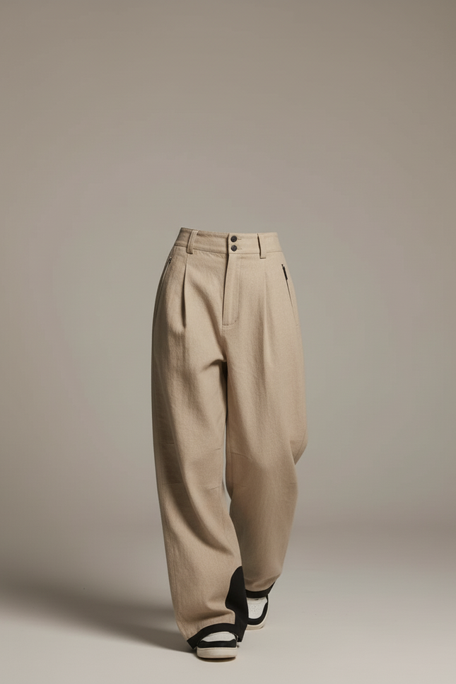 Pantalon Baggy Beige Ample Plissé Lin Femme - vue 3