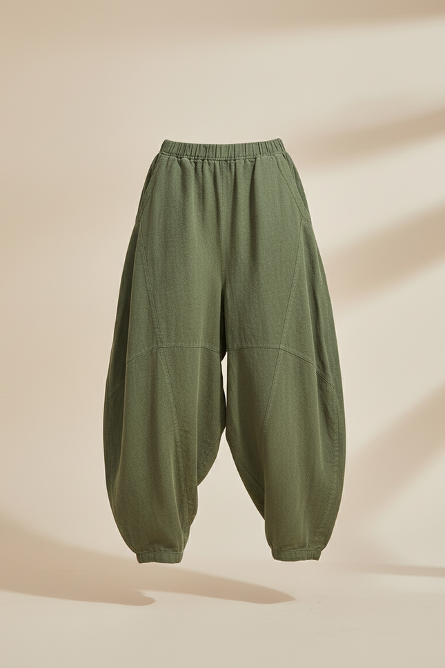 Pantalon Baggy Vert Lin Ample Décontracté Confortable - Kaki - vue 3