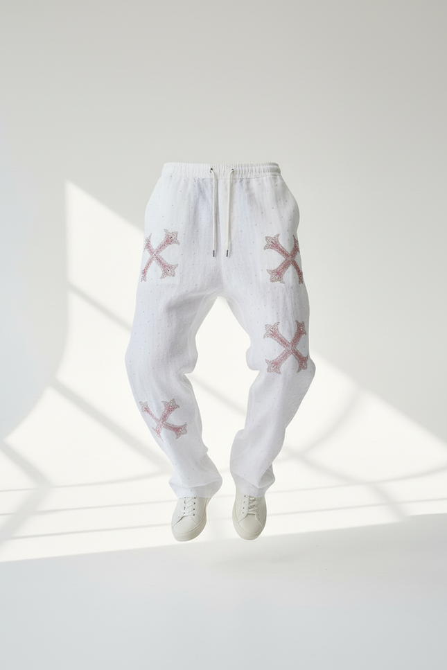 Pantalon Baggy Blanc Lin Imprimé Croix Décontracté - vue 3