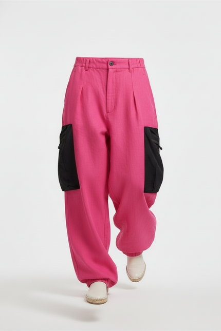Pantalon Baggy Fuchsia Lin Ample Plissé Cargo - Rose - vue 3