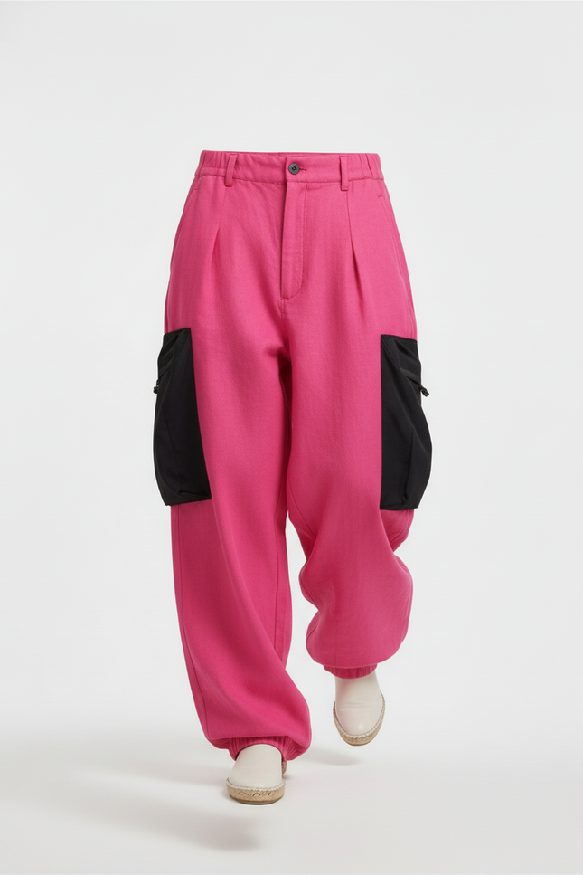 Pantalon Baggy Fuchsia Lin Ample Plissé Cargo - Rose - vue 3