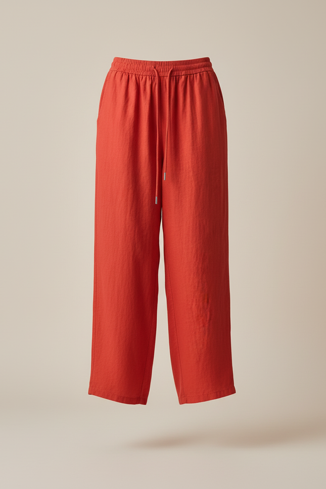 Pantalon Baggy Rouge Lin Fluide Ample Cordon - vue 3