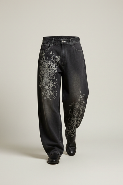 Pantalon Baggy Denim Noir Imprimé Ample Streetwear - Jean - vue 3
