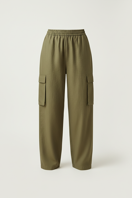 Pantalon Baggy Vert Kaki Ample Cargo Taille Haute - Lin - vue 3