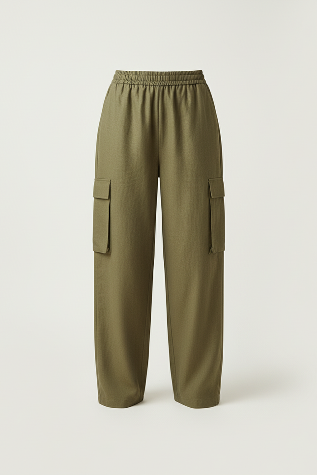 Pantalon Baggy Vert Kaki Ample Cargo Taille Haute - Lin - vue 3