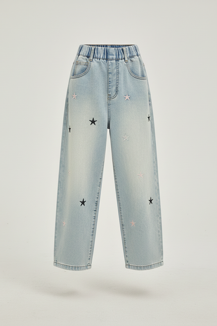 Pantalon Baggy Denim Étoiles Ample Fille - Bleu Jean - vue 3
