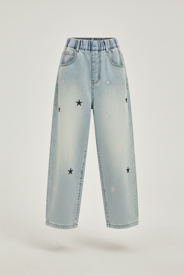 Pantalon Baggy Denim Étoiles Ample Fille - Bleu Jean - vue 3
