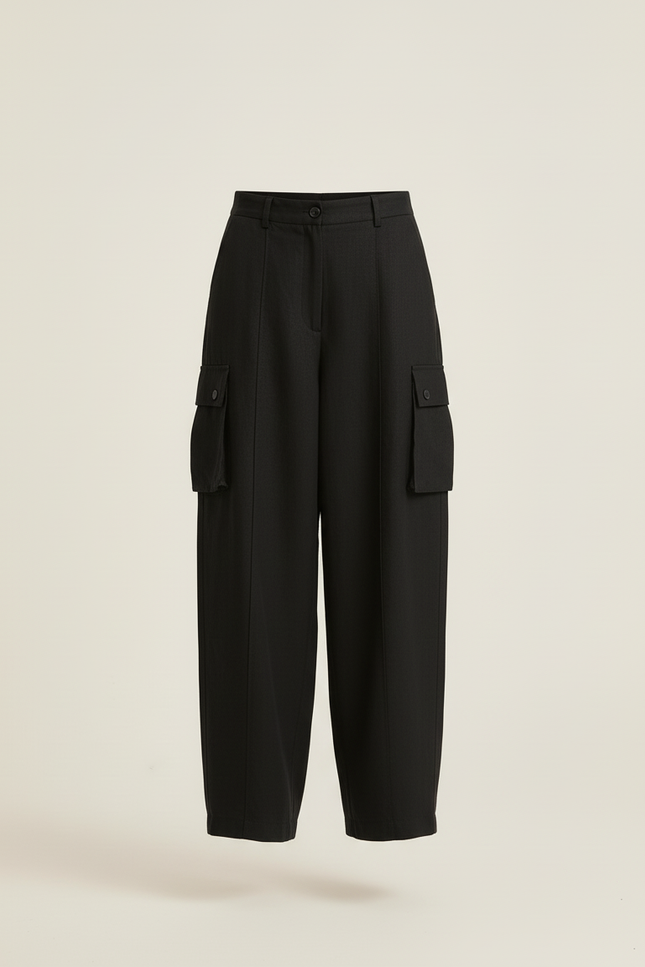 Pantalon Baggy Noir Ample Lin Cargo Femme - vue 3